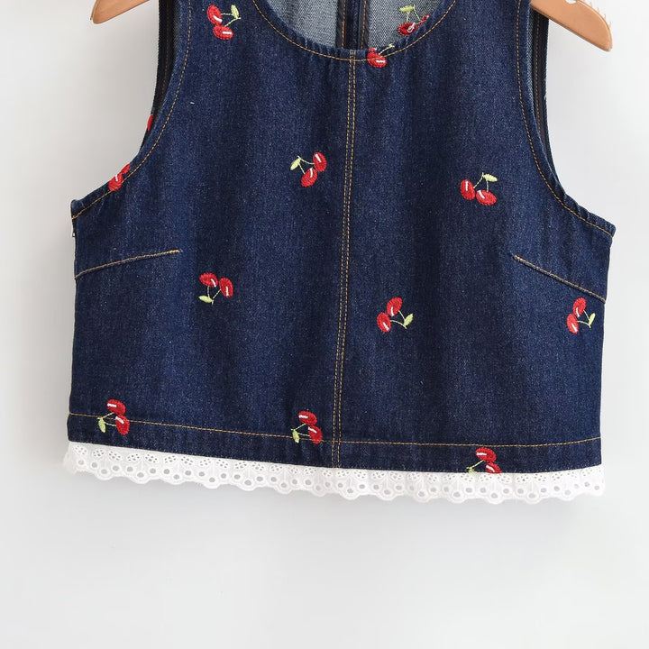 Damern Designer-Cropped-Top med blommotiv broderi och spetsdetalj Mirla-Eva Jonsson