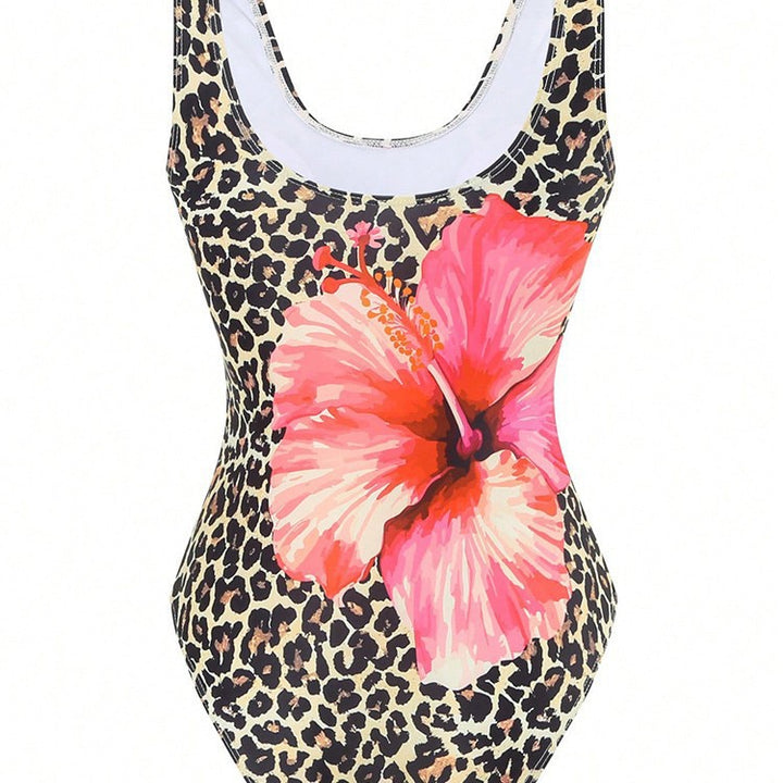 Damern Elegant Enstyck Baddräkt med blommigt leopardmönster och racerback-design Mirla-Eva Jonsson