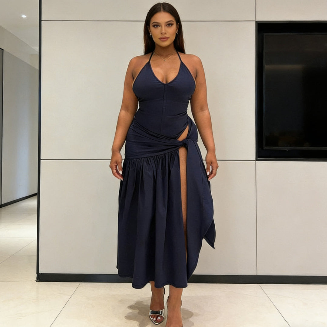 Damern Elegant Golvklänning med Wrapdesign och Rynkningar Mirla-Eva Jonsson