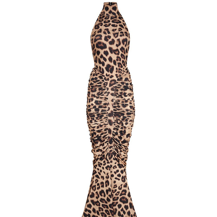 Damern Elegant Leopardmönster Maxiklänning med höga kragar och raffinerade skärningar Mirla-Eva Jonsson