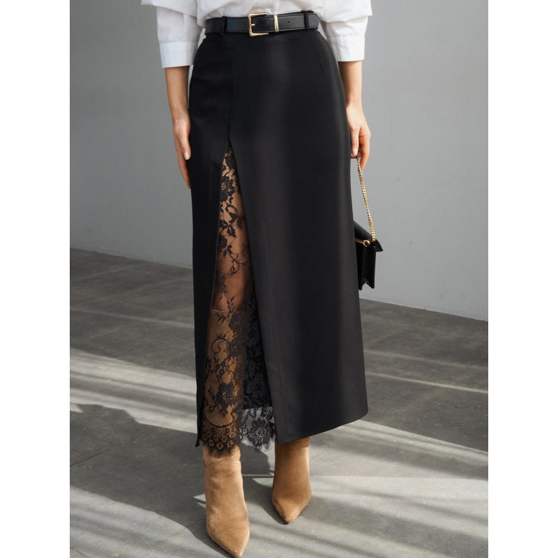 Damern Elegant Maxikjol med transparenta spetsinsatser och sidodelningsspricka Mirla-Eva Jonsson
