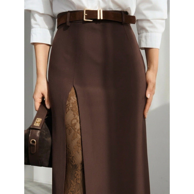 Damern Elegant Maxikjol med transparenta spetsinsatser och sidodelningsspricka Mirla-Eva Jonsson