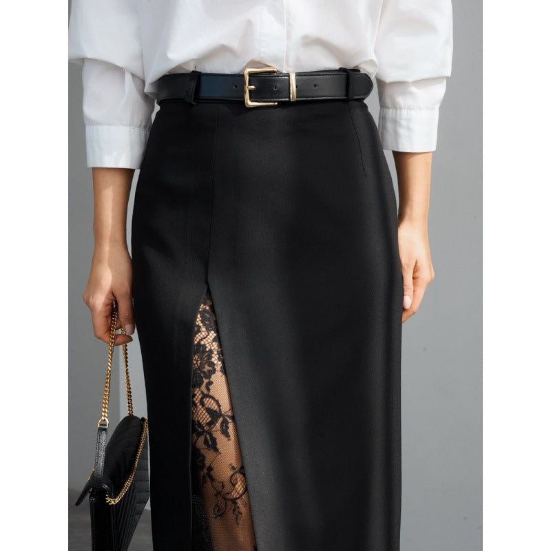 Damern Elegant Maxikjol med transparenta spetsinsatser och sidodelningsspricka Mirla-Eva Jonsson