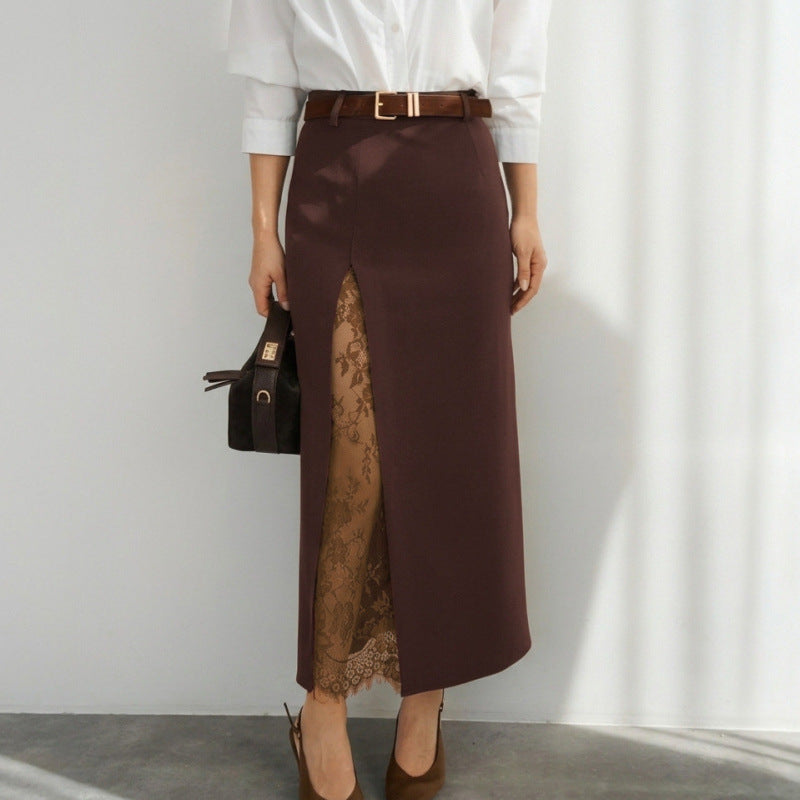 Damern Elegant Maxikjol med transparenta spetsinsatser och sidodelningsspricka Mirla-Eva Jonsson