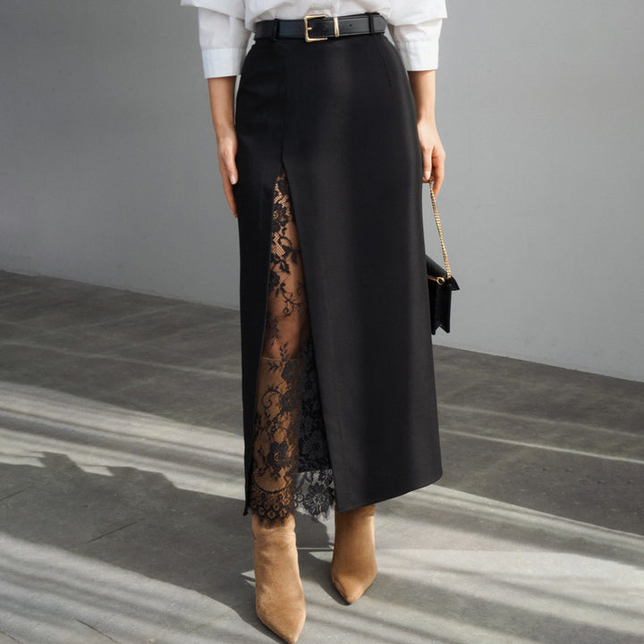 Damern Elegant Maxikjol med transparenta spetsinsatser och sidodelningsspricka Mirla-Eva Jonsson