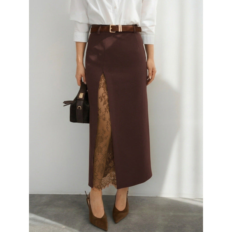 Damern Elegant Maxikjol med transparenta spetsinsatser och sidodelningsspricka Mirla-Eva Jonsson