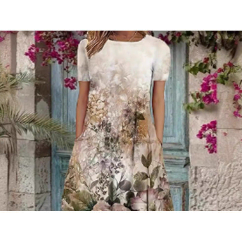 Damern Elegant Maxiklänning med blommönster och ömt rundhalsutskärning Mirla-Eva Jonsson