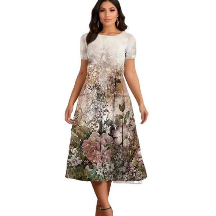 Damern Elegant Maxiklänning med blommönster och ömt rundhalsutskärning Mirla-Eva Jonsson