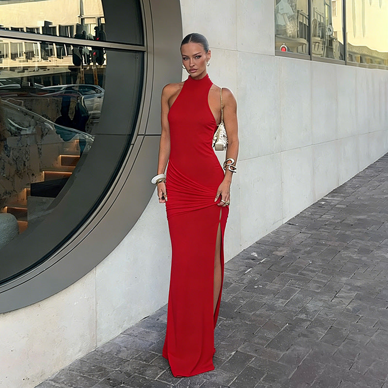 Damern Elegant Maxiklänning med hög ståkrage och sidoparti Mirla-Eva Jonsson