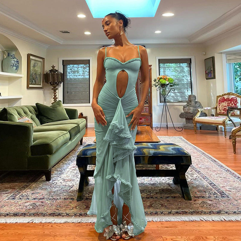 Damern Elegant Maxiklänning med volangdetaljer och lätt genomskinligt tyg Mirla-Eva Jonsson