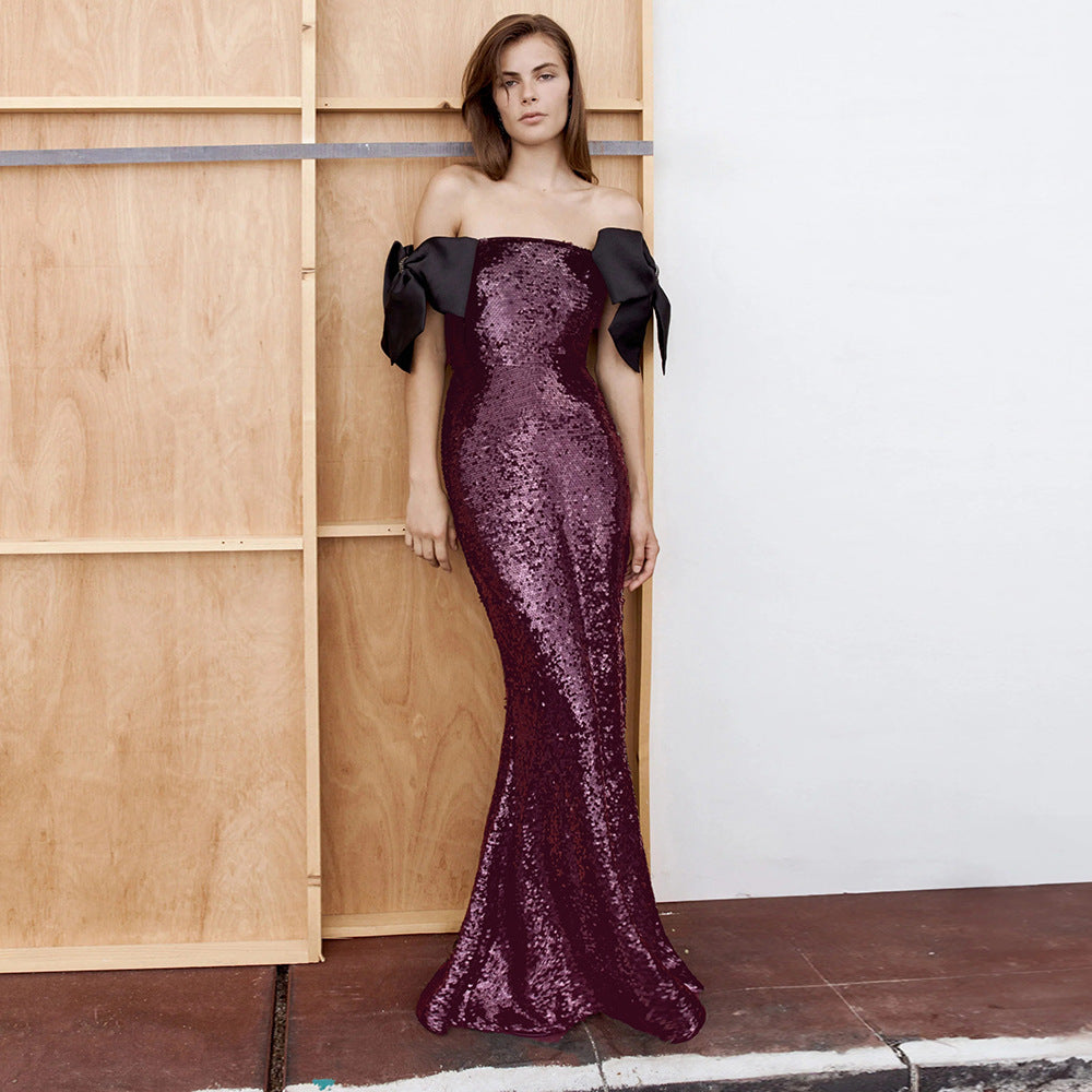 Damern Elegant Paljett Maxi Klänning med off-shoulder Design och dekorativa Slips Mirla-Eva Jonsson
