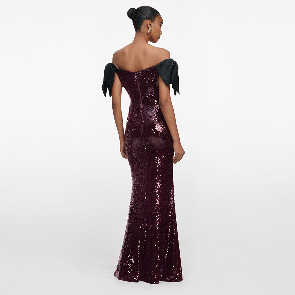 Damern Elegant Paljett Maxi Klänning med off-shoulder Design och dekorativa Slips Mirla-Eva Jonsson
