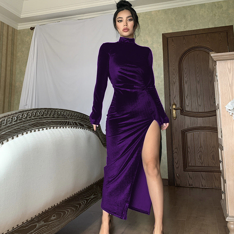 Damern Elegant Samt-Maxi-Klänning med hög slits och stålkrage Mirla-Eva Jonsson