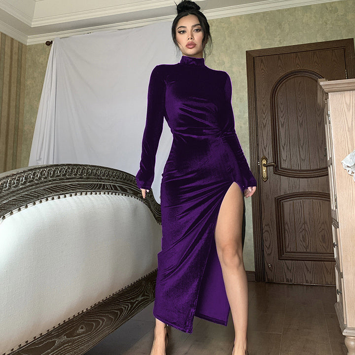Damern Elegant Samt-Maxi-Klänning med hög slits och stålkrage Mirla-Eva Jonsson