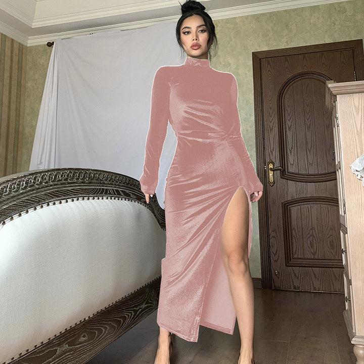 Damern Elegant Samt-Maxi-Klänning med hög slits och stålkrage Mirla-Eva Jonsson
