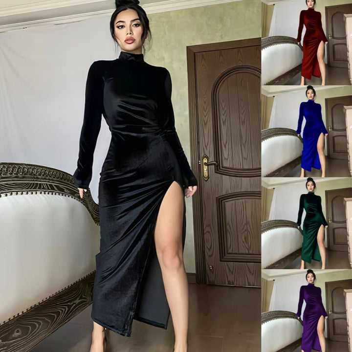Damern Elegant Samt-Maxi-Klänning med hög slits och stålkrage Mirla-Eva Jonsson