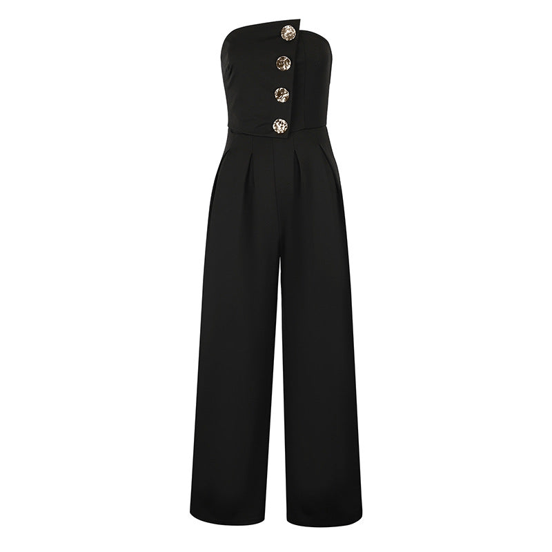 Damern Elegant jumpsuit med asymmetrisk utskärning och dekorativa knappar Mirla-Eva Jonsson