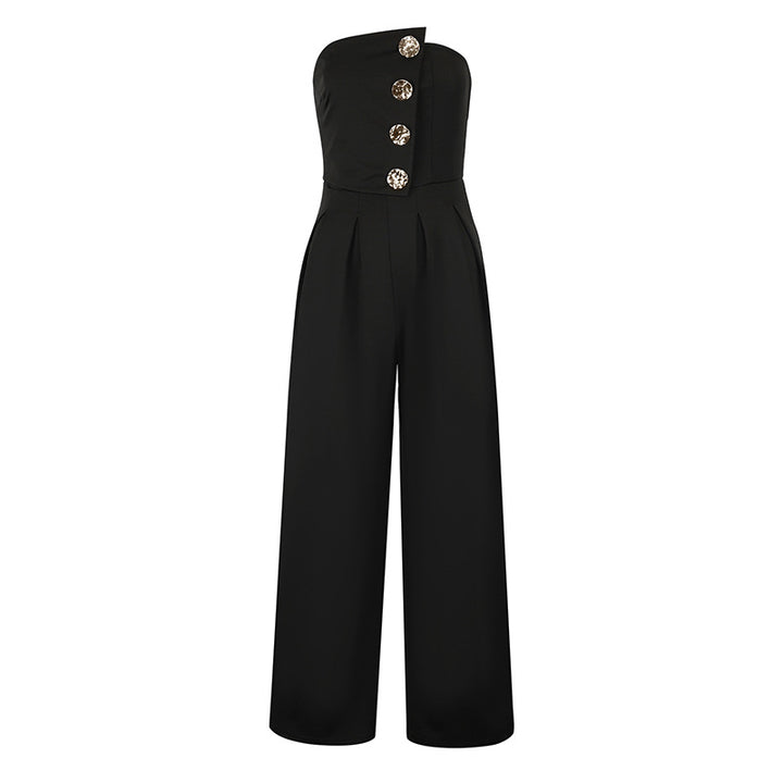Damern Elegant jumpsuit med asymmetrisk utskärning och dekorativa knappar Mirla-Eva Jonsson