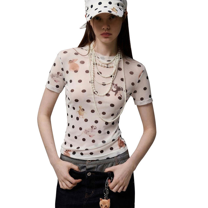 Damern Figursydda Polka-Prick T-Shirt med lekfullt djurdesign Mirla-Eva Jonsson