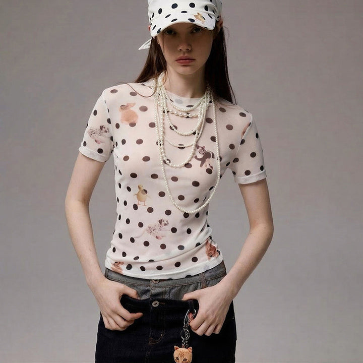 Damern Figursydda Polka-Prick T-Shirt med lekfullt djurdesign Mirla-Eva Jonsson