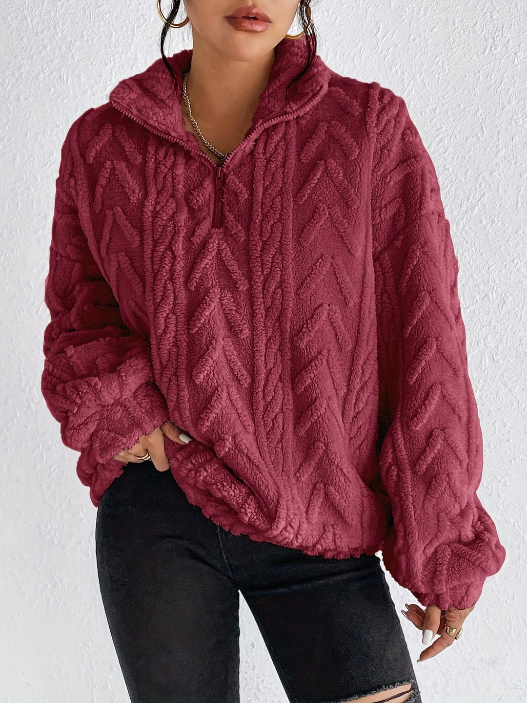 Damern Fuzzy Oversized-Tröja med Dragkedja och Ribbad Struktur Mirla-Eva Jonsson