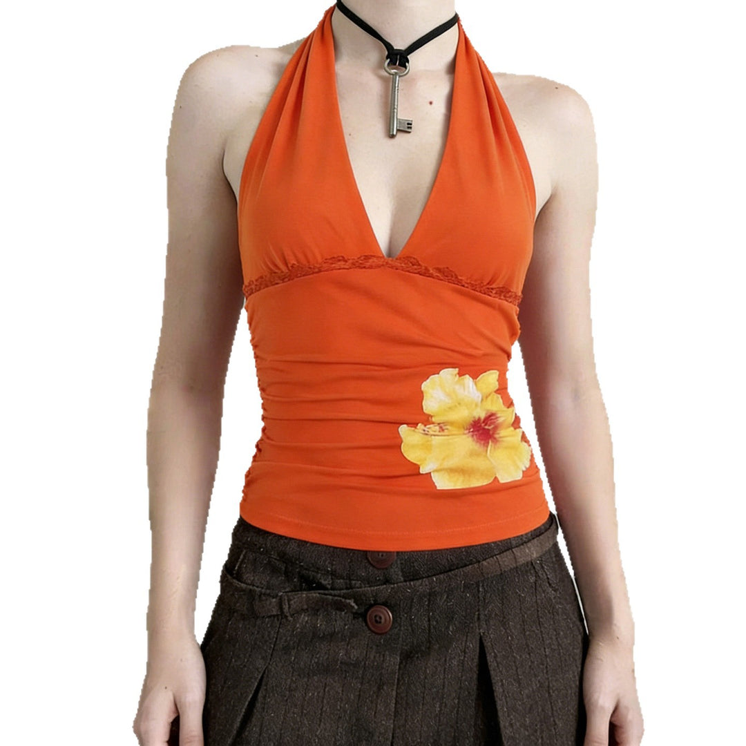 Damern Halter-Tank-Topp med blommönster och drapering Mirla-Eva Jonsson