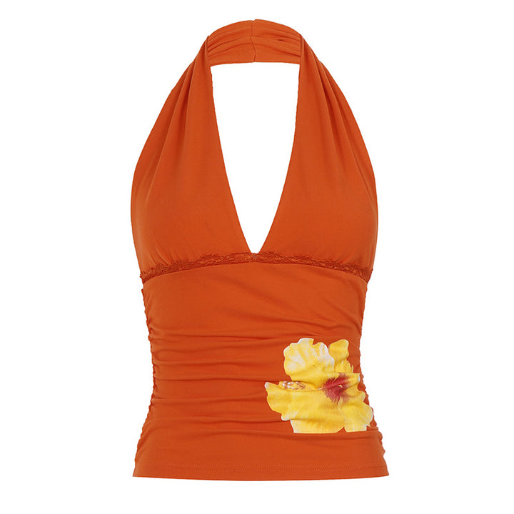 Damern Halter-Tank-Topp med blommönster och drapering Mirla-Eva Jonsson