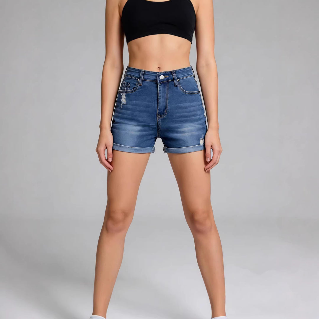 Damern High-Waist Denim-Shorts med avslappnad passform och moderna förstörda detaljer Mirla-Eva Jonsson