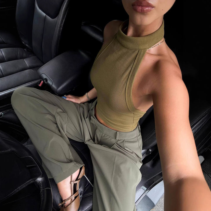 Damern Hög-Hals Crop-Top i elastiskt material Mirla-Eva Jonsson