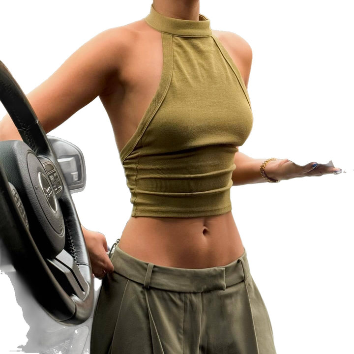 Damern Hög-Hals Crop-Top i elastiskt material Mirla-Eva Jonsson