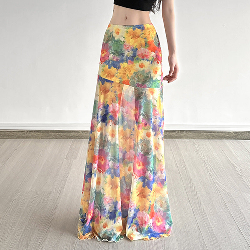 Damern Maxi Kjol med blommigt Chiffon-design och svajig fåll Mirla-Eva Jonsson