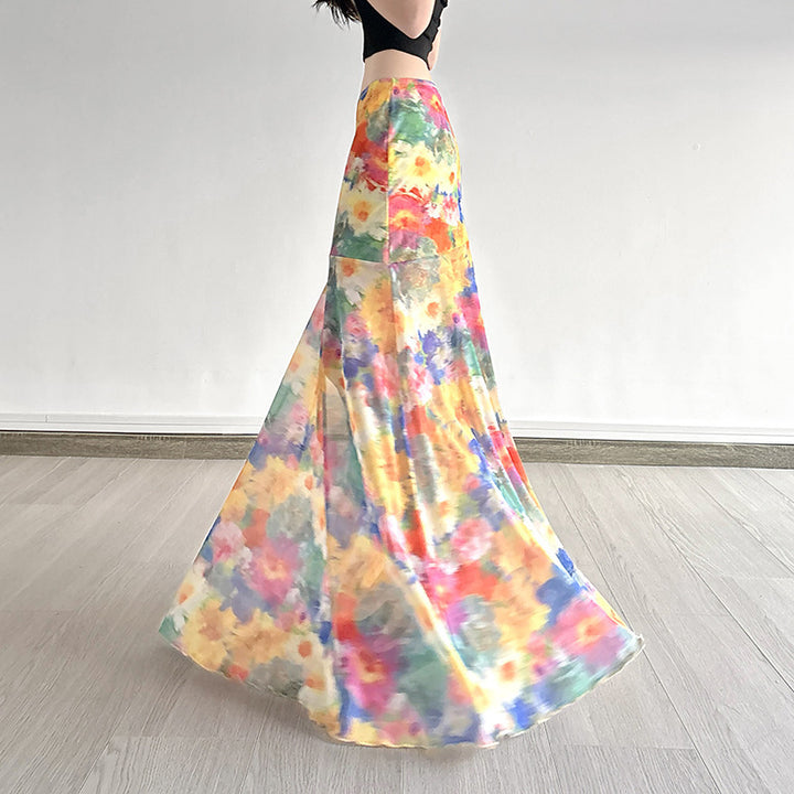 Damern Maxi Kjol med blommigt Chiffon-design och svajig fåll Mirla-Eva Jonsson