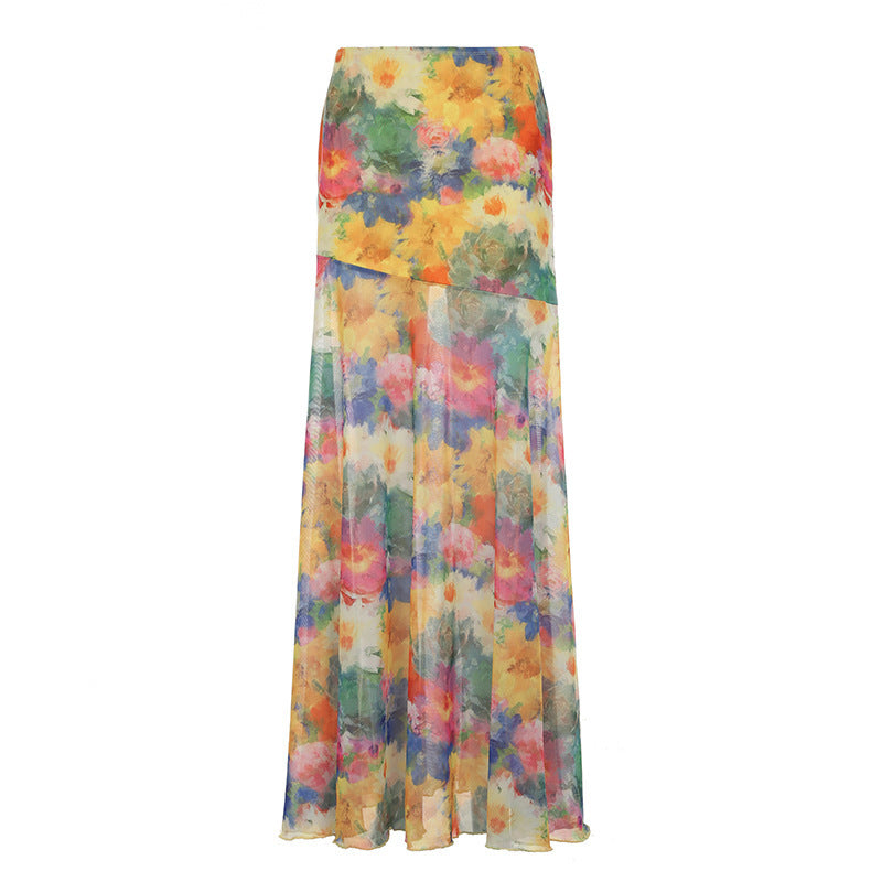 Damern Maxi Kjol med blommigt Chiffon-design och svajig fåll Mirla-Eva Jonsson