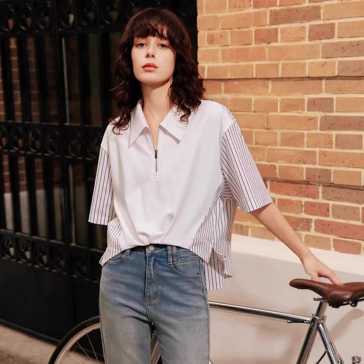 Damern Mode Polo-Shirt med trendiga ränder och dragkedja Mirla-Eva Jonsson