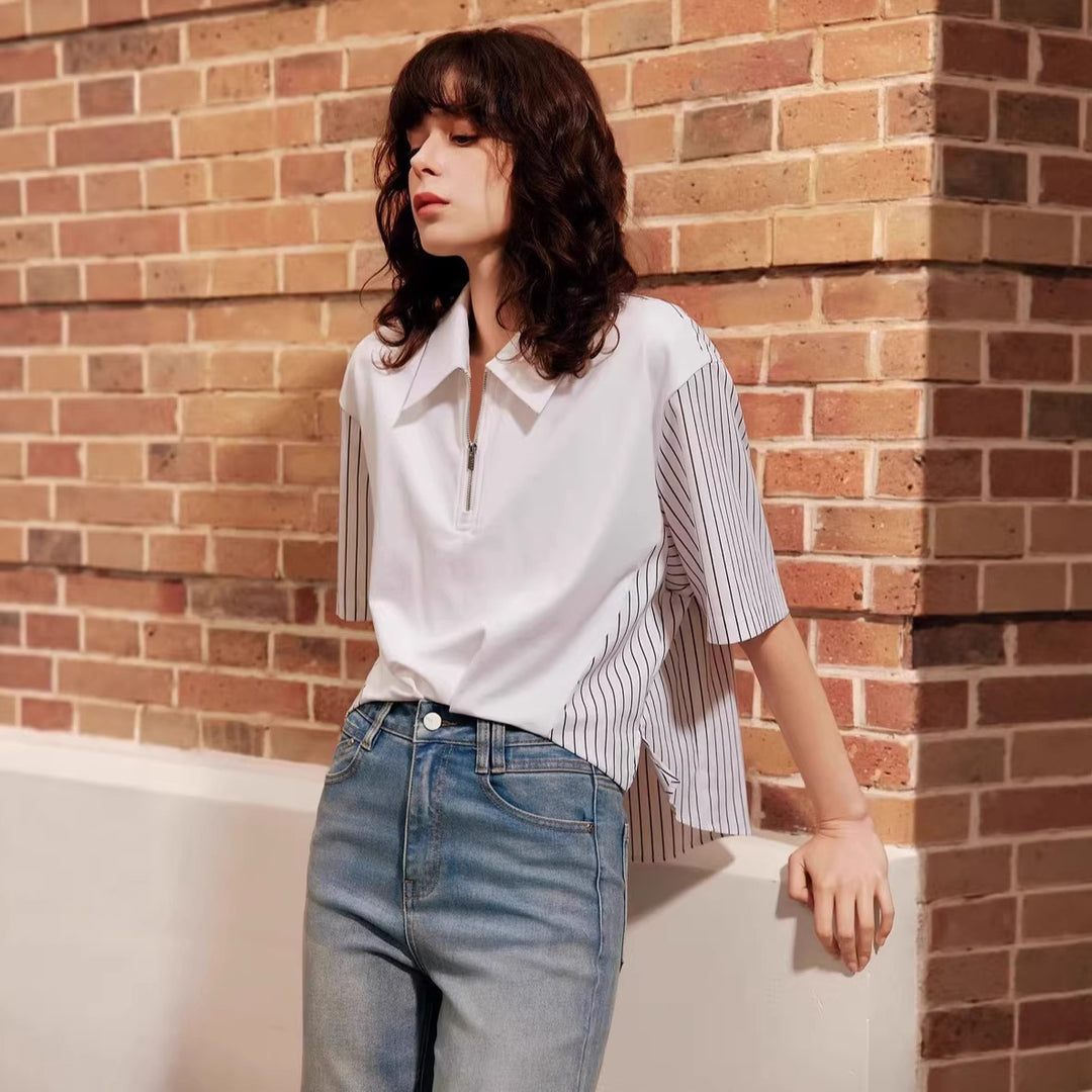 Damern Mode Polo-Shirt med trendiga ränder och dragkedja Mirla-Eva Jonsson