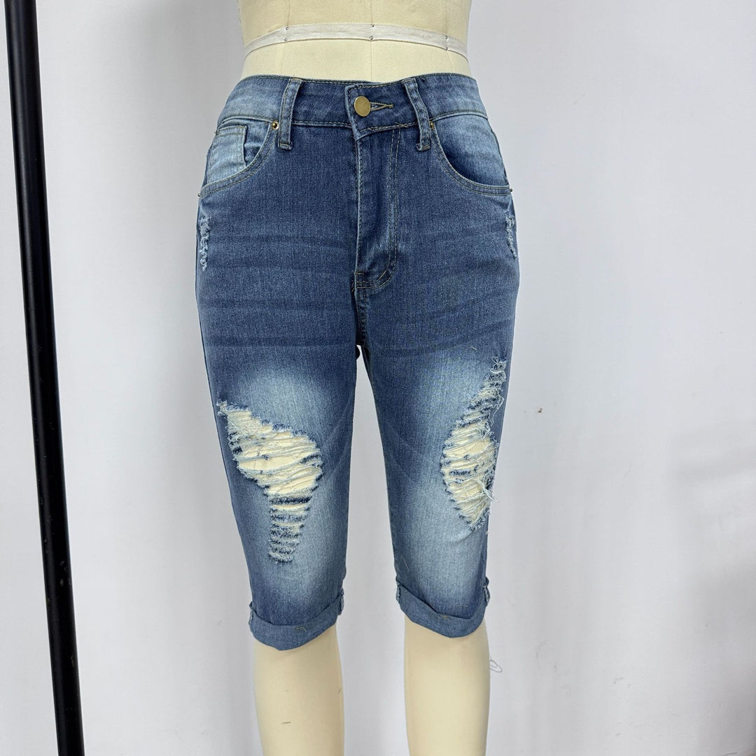 Damern Modiska Zerstörte Denim-Shorts med Hög Midja och Sönderrivna Detaljer Mirla-Eva Jonsson