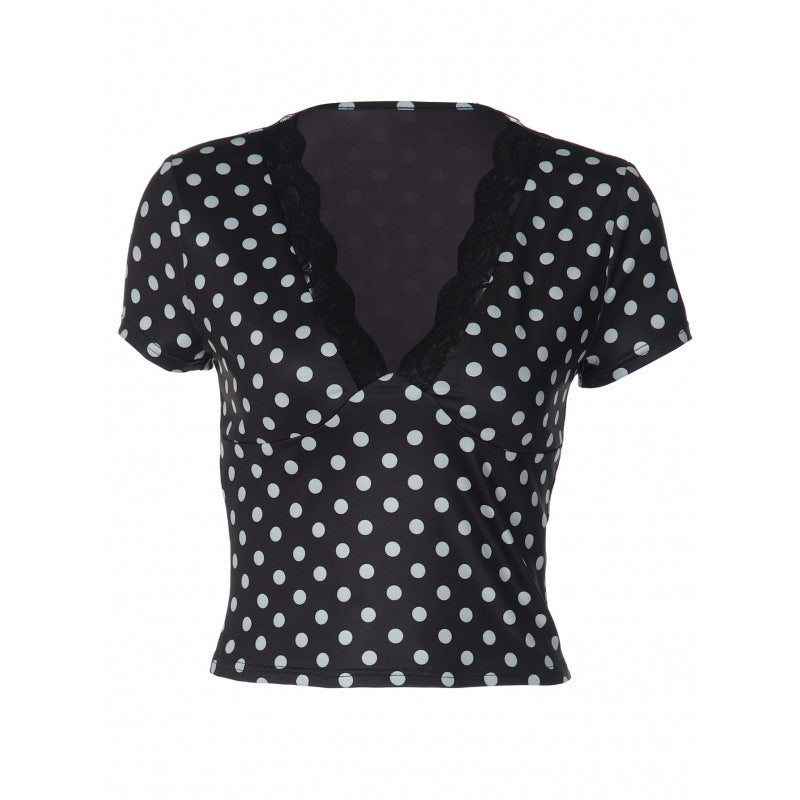 Damern Polka-Dot Topp med spetsdetaljer och figursydd passform Mirla-Eva Jonsson