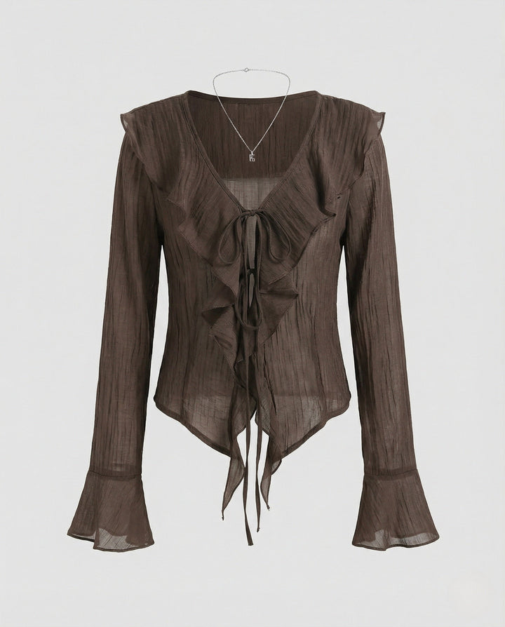 Damern Rynkad Chiffonblus med Volangkrage-Eva Jonsson