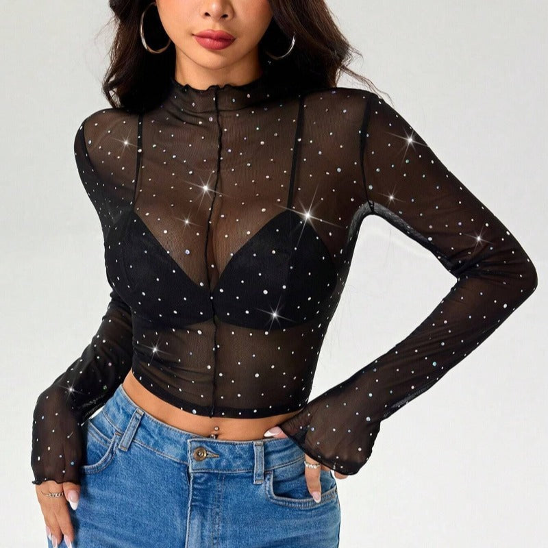 Damern Sexigt Crop-Top i transparent nät med glittrande accenter Mirla-Eva Jonsson