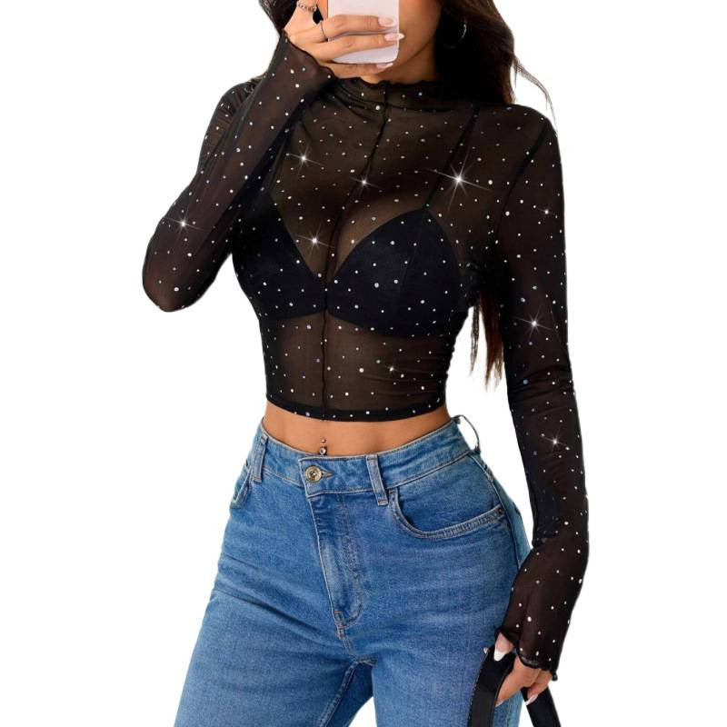 Damern Sexigt Crop-Top i transparent nät med glittrande accenter Mirla-Eva Jonsson