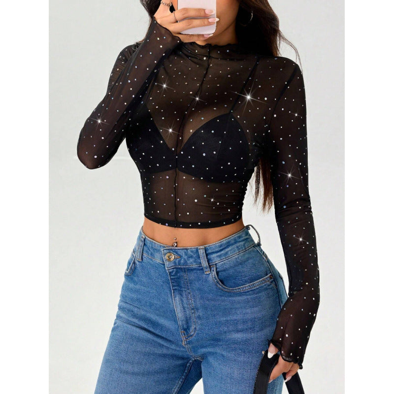 Damern Sexigt Crop-Top i transparent nät med glittrande accenter Mirla-Eva Jonsson