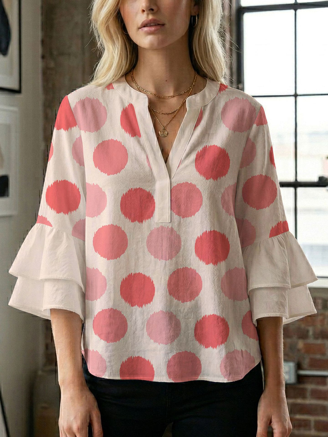 Damern blusenshirt med voluminösa ärmar och kreativt tryckdesign Mirla-Eva Jonsson
