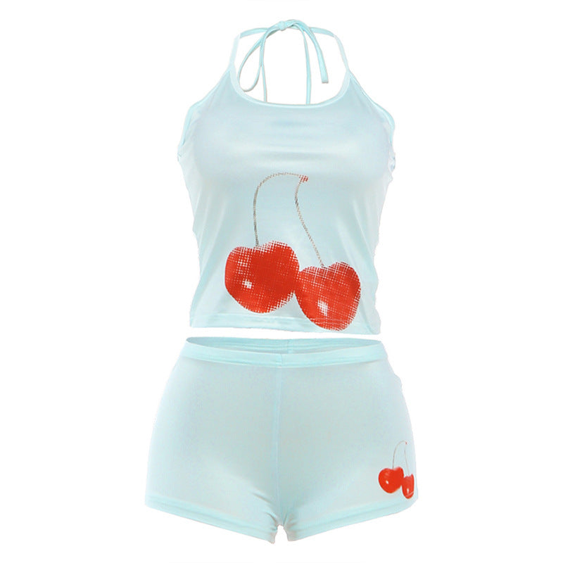 Damern bomulls-crop-top med körsbärstryck och shorts Mirla-Eva Jonsson