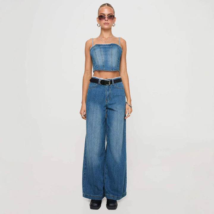 Damern breda denimjeans med hög midja och fransig fåll Mirla-Eva Jonsson