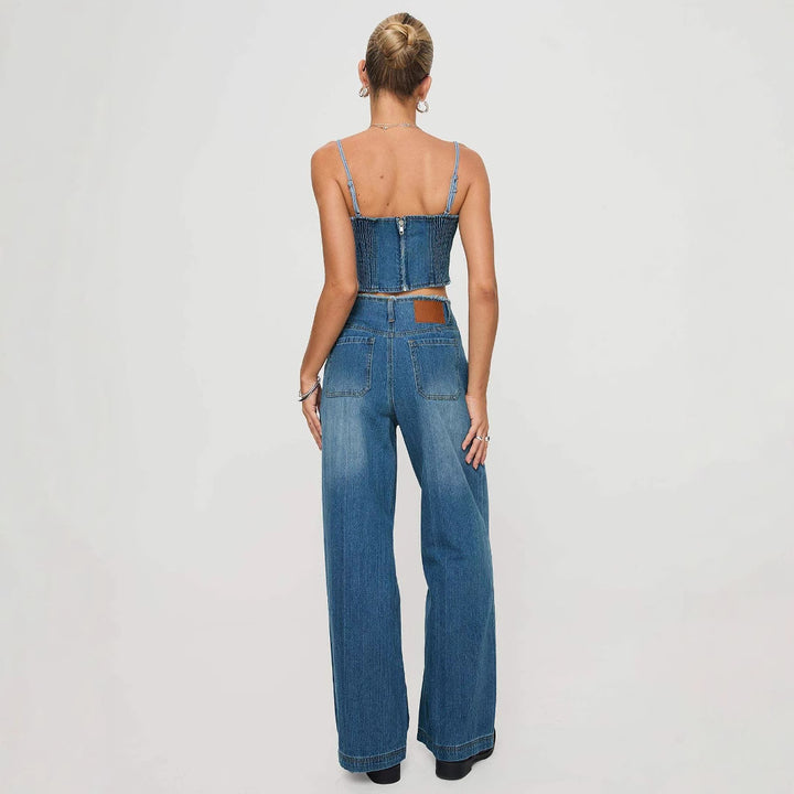 Damern breda denimjeans med hög midja och fransig fåll Mirla-Eva Jonsson