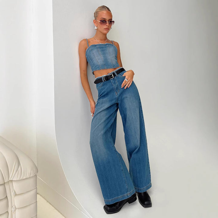 Damern breda denimjeans med hög midja och fransig fåll Mirla-Eva Jonsson