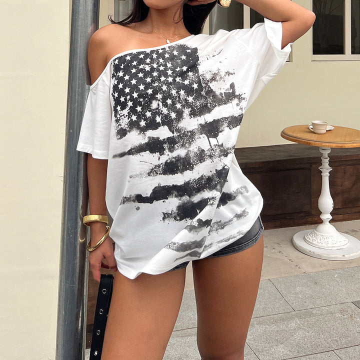 Damern casual T-shirt med kreativt stjärnflaggsdesign Mirla-Eva Jonsson