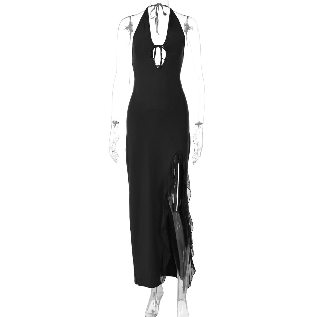 Damern elegant Halterneck Maxikjol med sidofållsprund och djup V-ringning Mirla-Eva Jonsson
