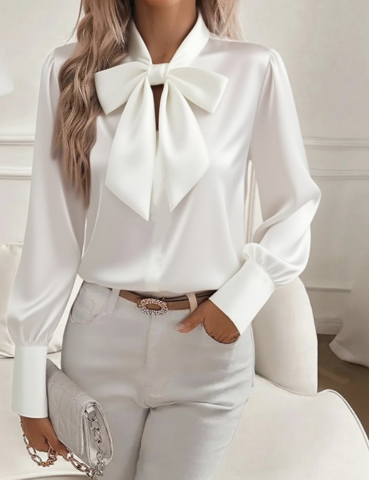 Damern elegant satinblus med slipskrage och puffärmar Mirla-Eva Jonsson