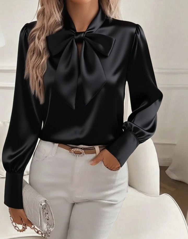 Damern elegant satinblus med slipskrage och puffärmar Mirla-Eva Jonsson